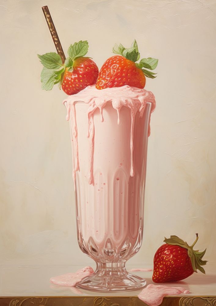 Close up on pale strawberry smoothie milkshake dessert fruit.