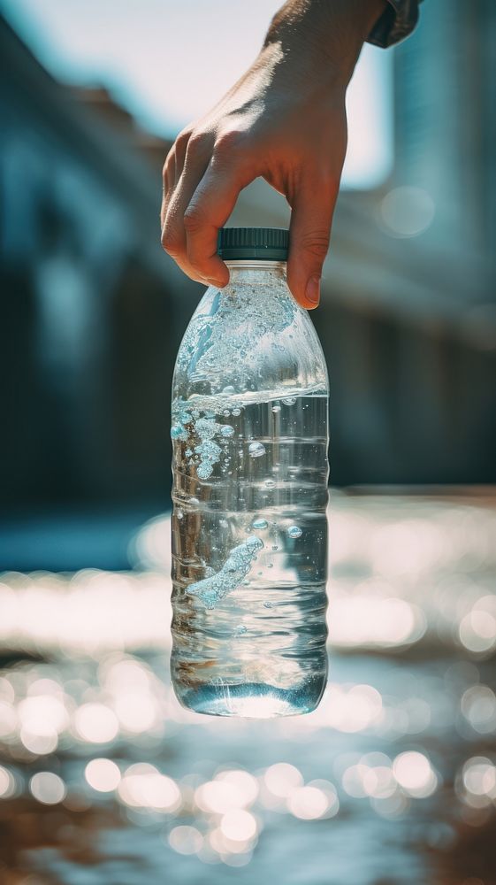 Close up of person holding water bottle refreshment reflection drinkware.