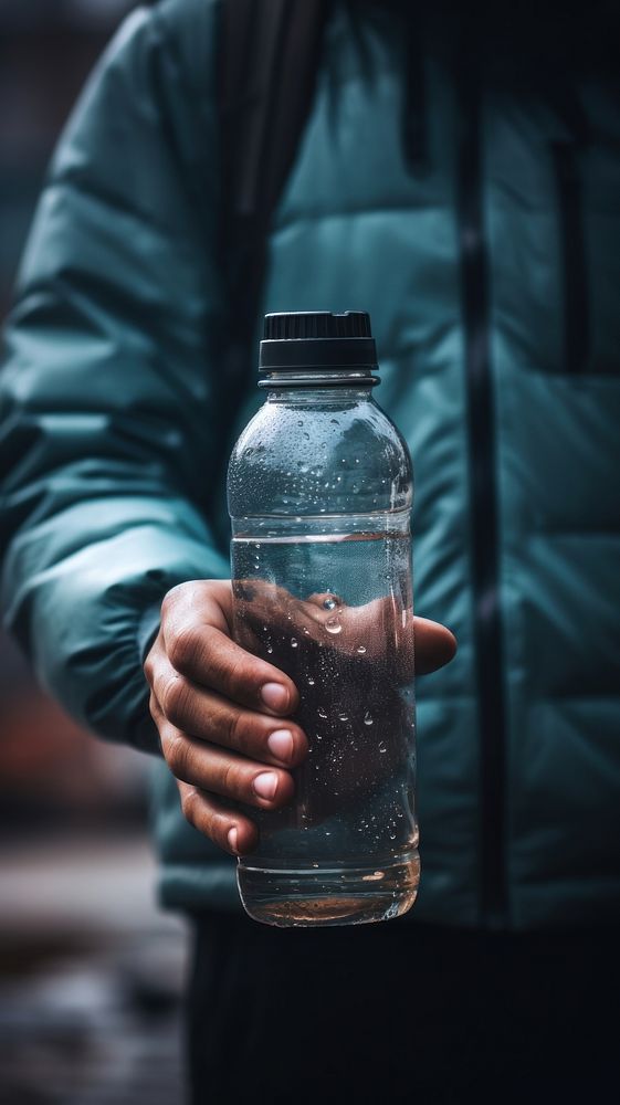 Close up of person holding water bottle refreshment container drinkware.