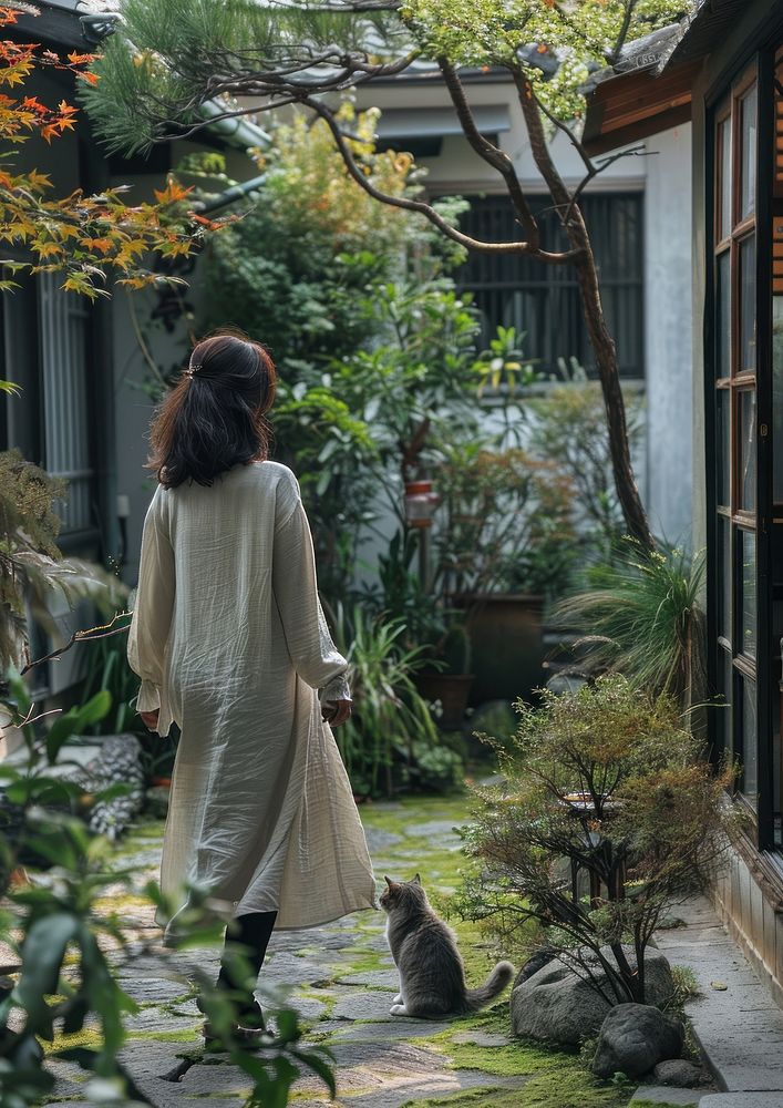 Korean woman walking with a cat garden outdoors nature.