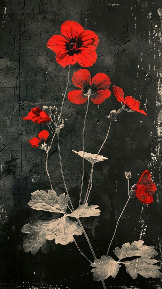 Silkscreen of a red geranium art painting flower.