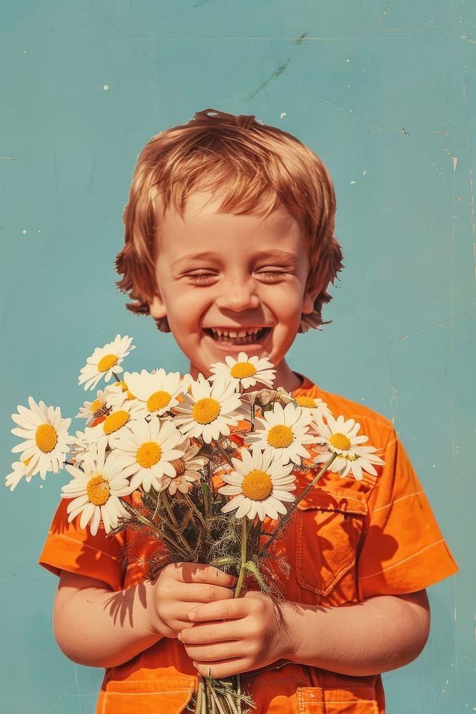 A joyful child portrait outdoors flower.