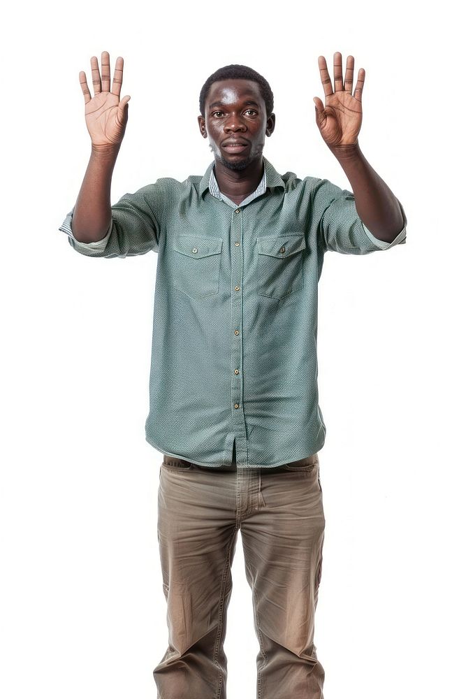 Black young adult man raising hands standing portrait sleeve.