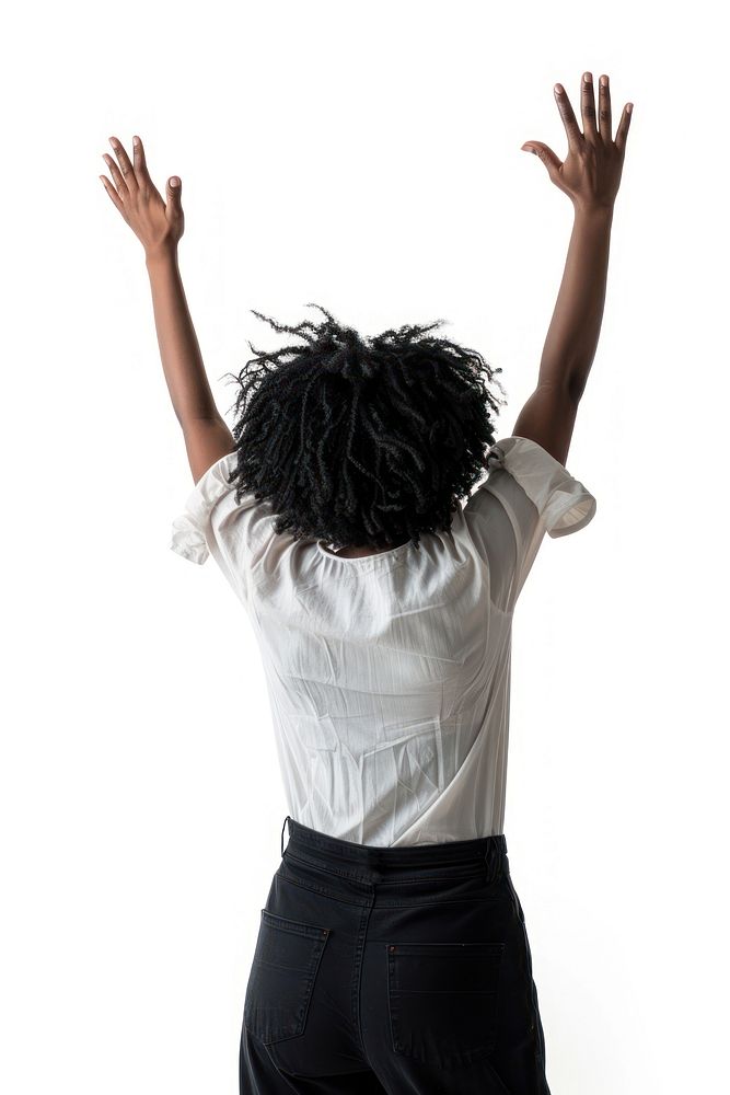 Black adult woman raising hands white dreadlocks triumphant.