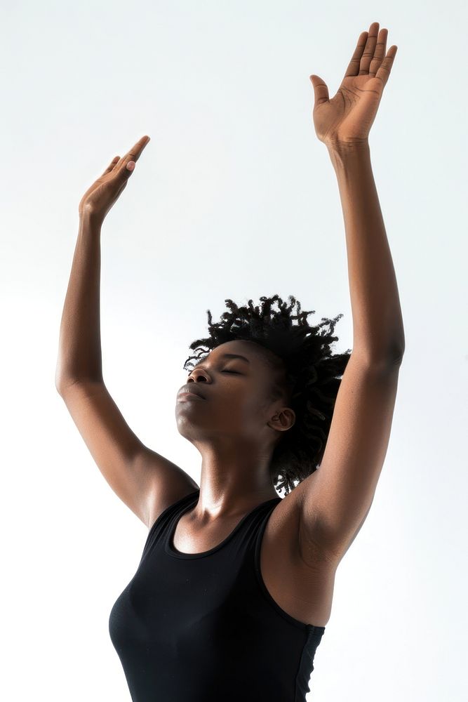 Black adult woman raising hands flexibility stretching exercising.