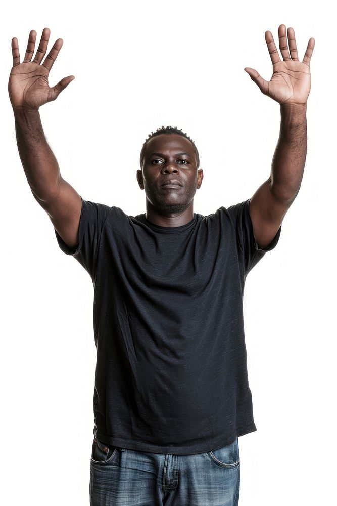 Black adult man raising hands portrait t-shirt photo.