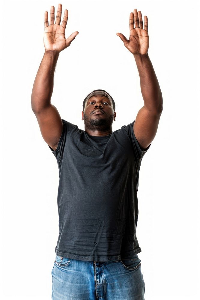 Black adult man raising hands t-shirt exercising triumphant.