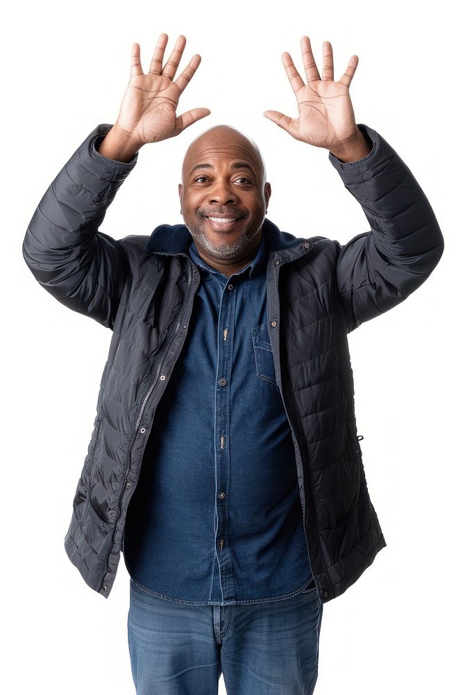 Black middle age man raising hands portrait sleeve jacket.