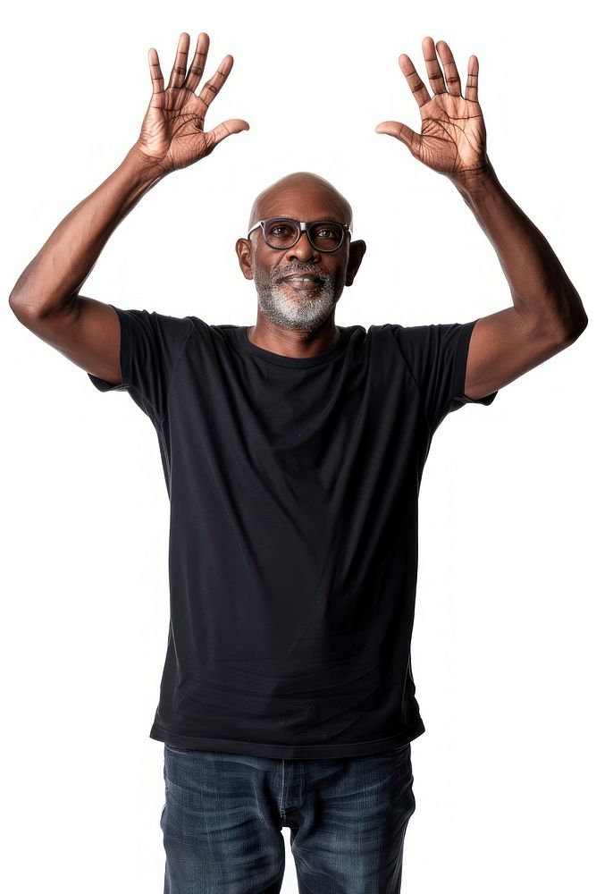 Black middle age man raising hands portrait glasses t-shirt.
