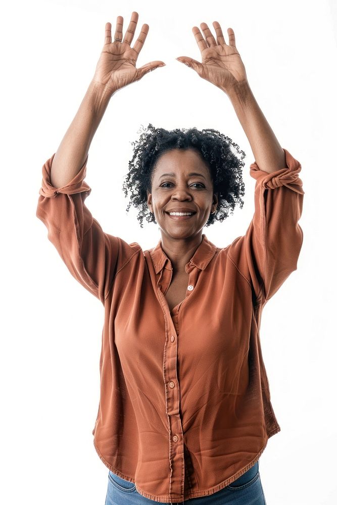 Black middle age woman raising hands sleeve smile adult.