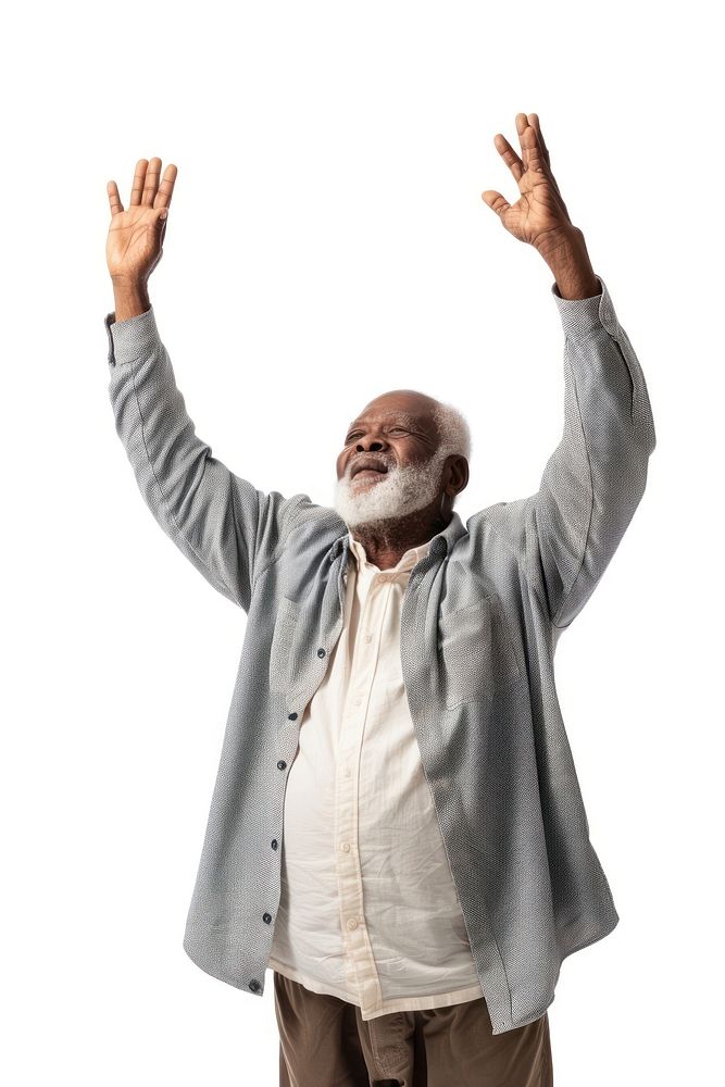 Black senior man raising hands excitement retirement triumphant.