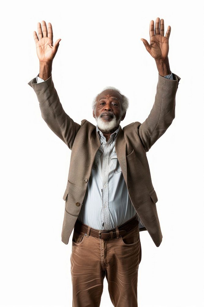 Black senior man raising hands portrait photo photography.