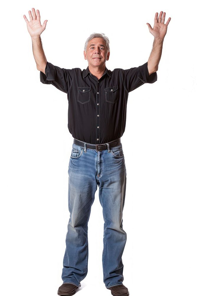 Caucacian adult man raising hands standing portrait jeans.