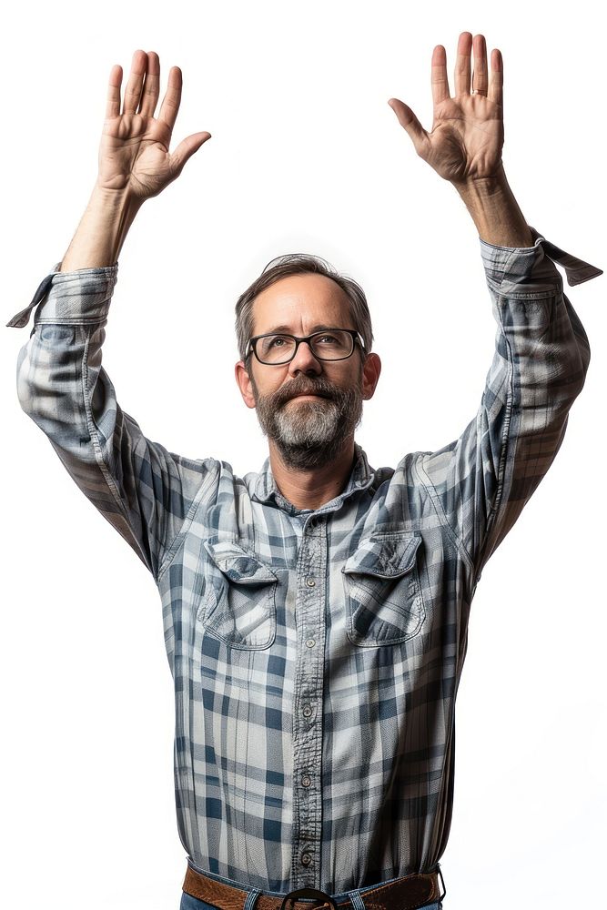 Caucacian adult man raising hands portrait glasses shirt.