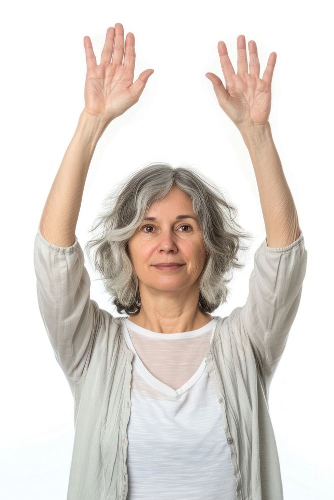 Caucacian adult woman raising hands portrait photo spirituality.