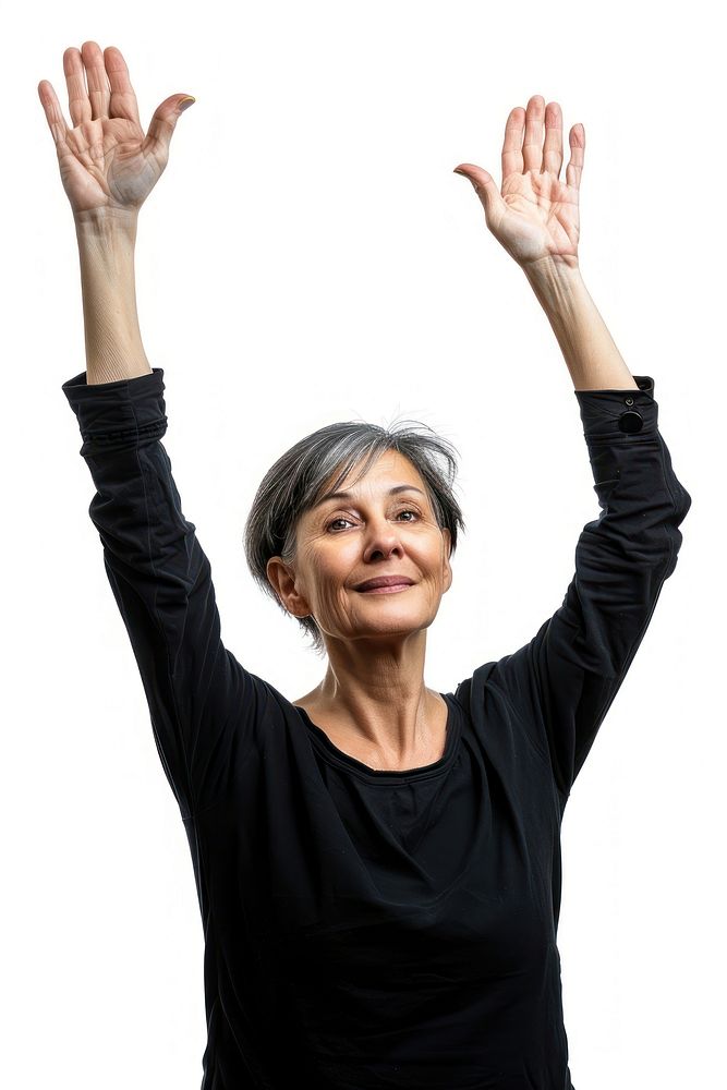 Caucacian middle age woman raising hands adult retirement excitement.