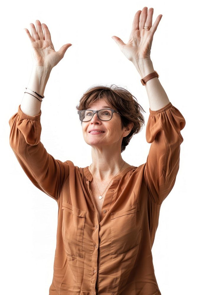 Caucacian middle age woman raising hands portrait glasses adult.