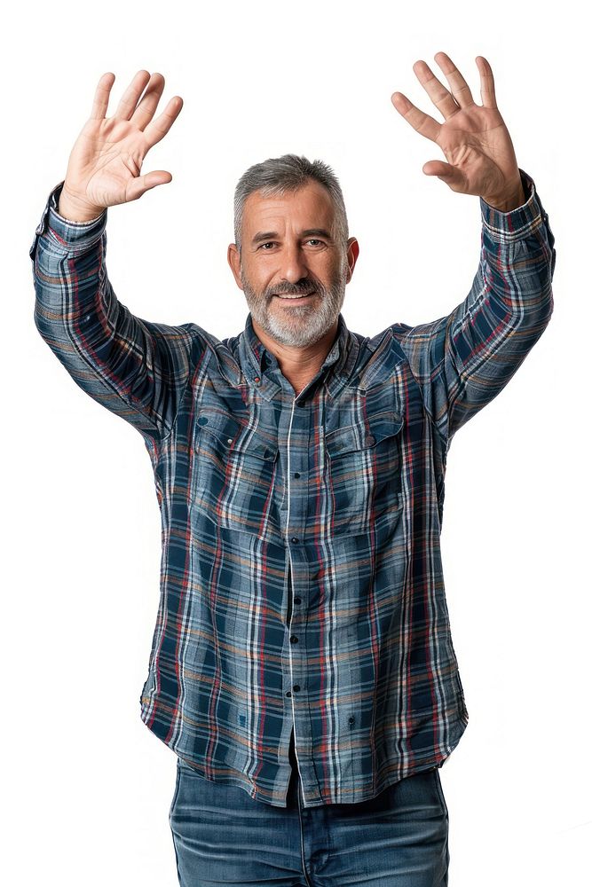 Caucacian middle age man raising hands portrait shirt photo.