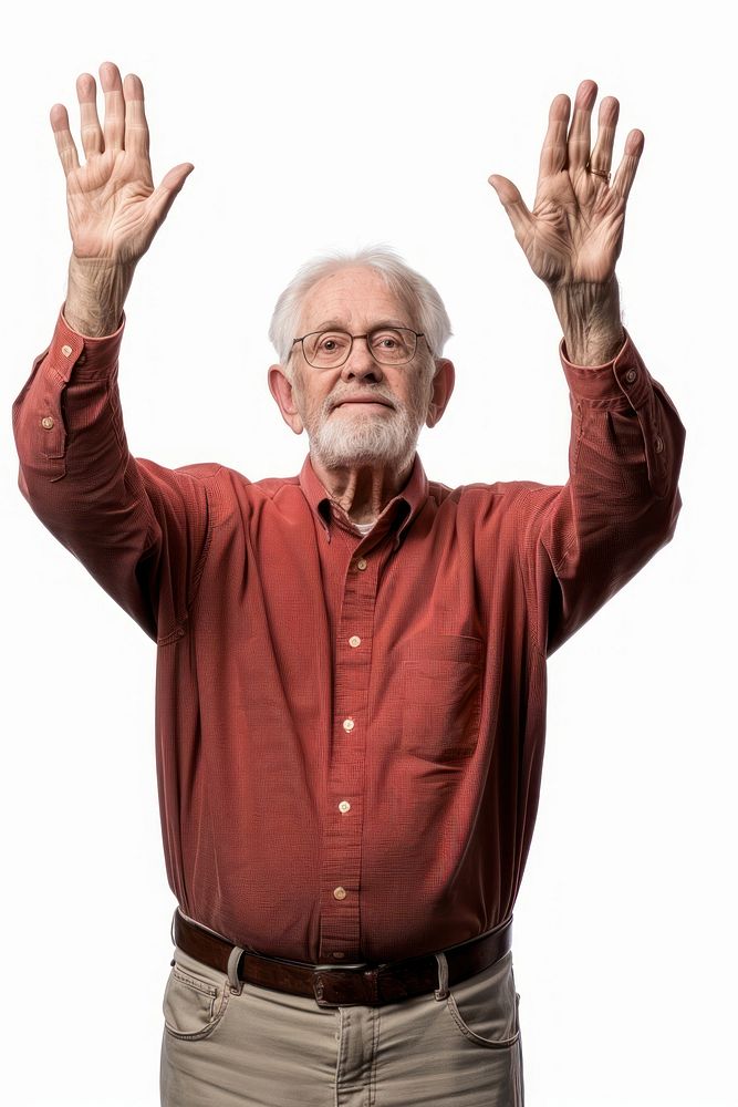 Caucacian senior man raising hands portrait adult photo.