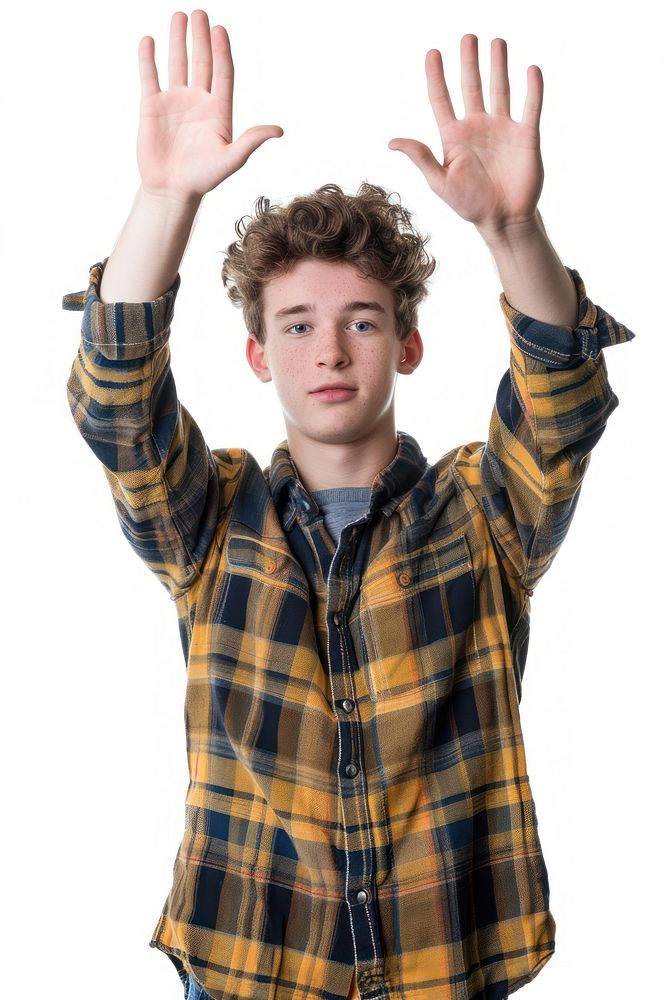 Caucacian young adult man raising hands portrait shirt photo.