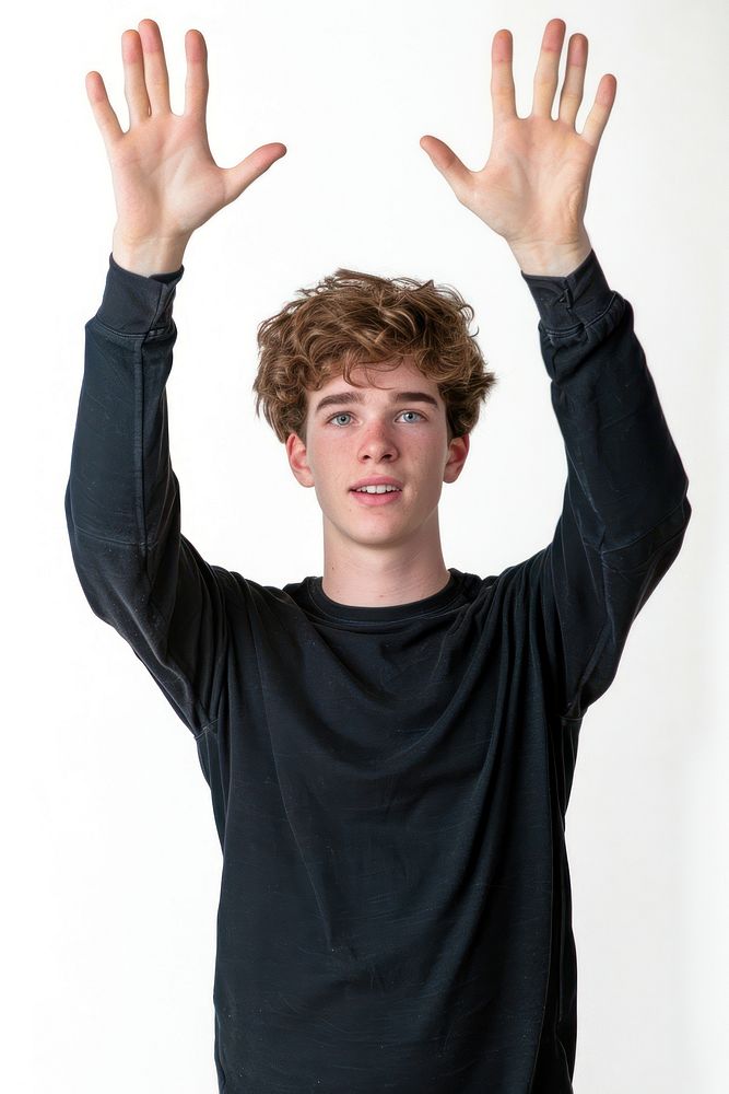Caucacian young adult man raising hands portrait t-shirt sleeve.