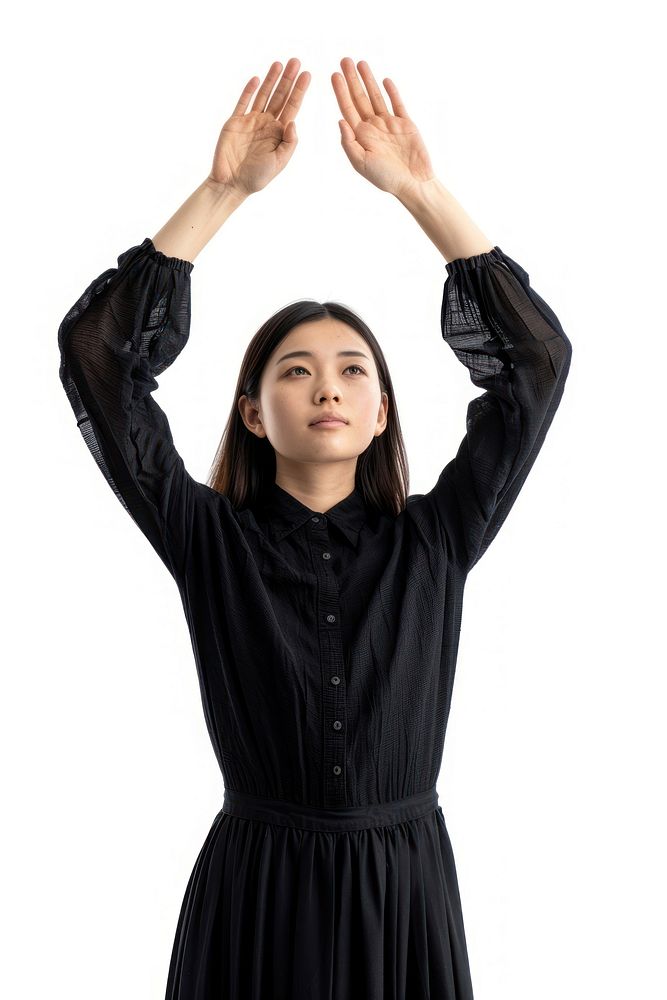Japanese young adult woman raising hands portrait sleeve photo.