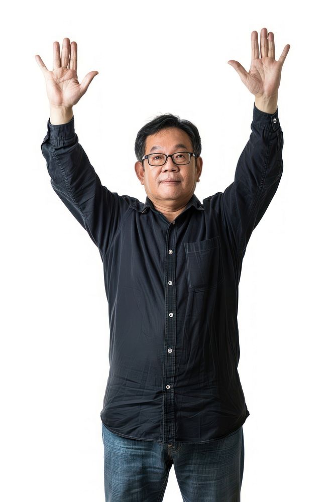 Japanese middle age man raising hands portrait glasses sleeve.