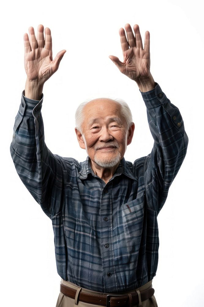 Japanese senior man raising hands portrait adult photo.