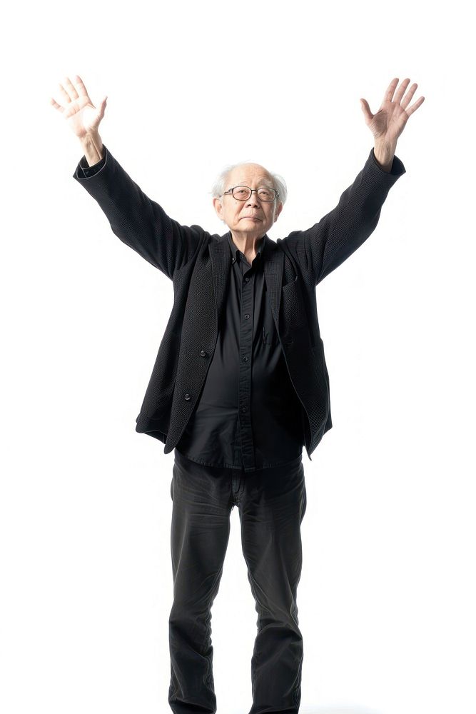 Japanese senior man raising hands portrait glasses adult.