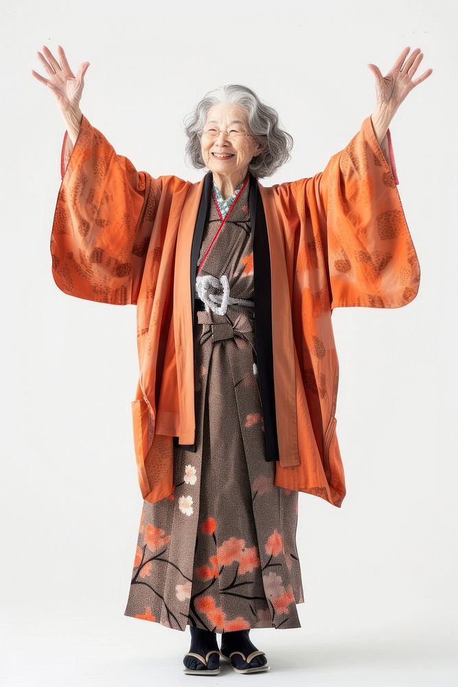 Japanese senior woman raising hands kimono robe architecture.