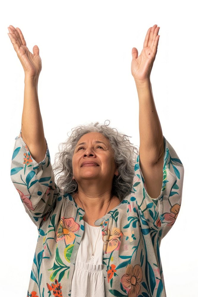 Maxican middle age woman raising hands adult relaxation meditating.