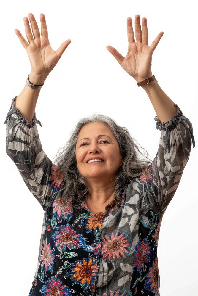 Maxican middle age woman raising hands portrait smile adult.