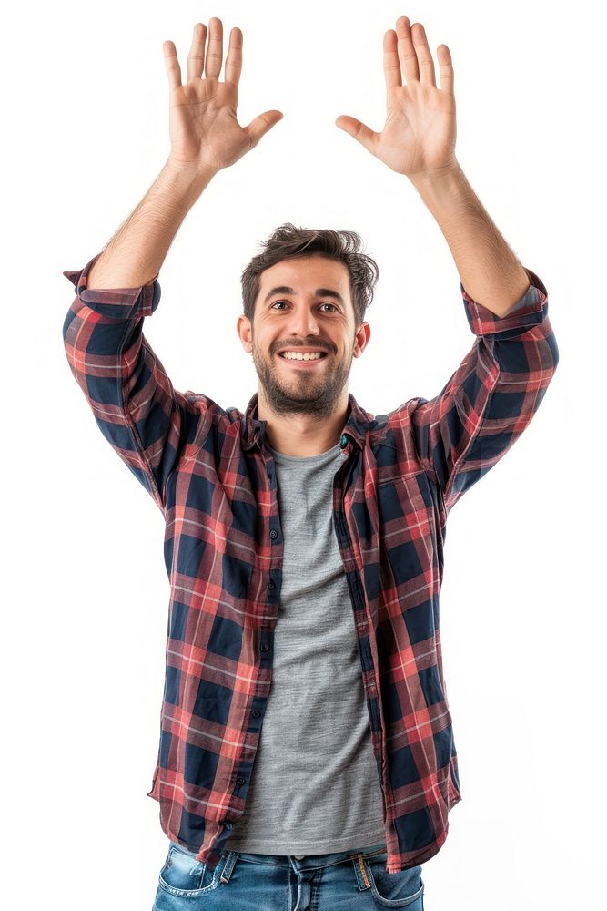 Maxican adult man raising hands portrait smile shirt.