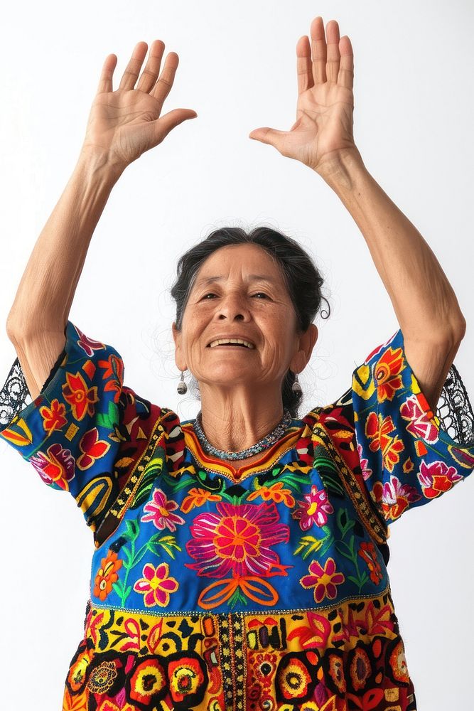 Maxican adult woman raising hands accessories retirement gesturing.