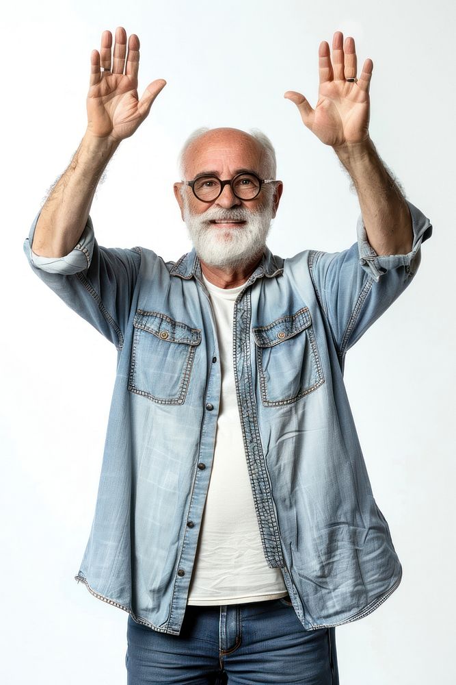Maxican senior man raising hands portrait glasses adult.