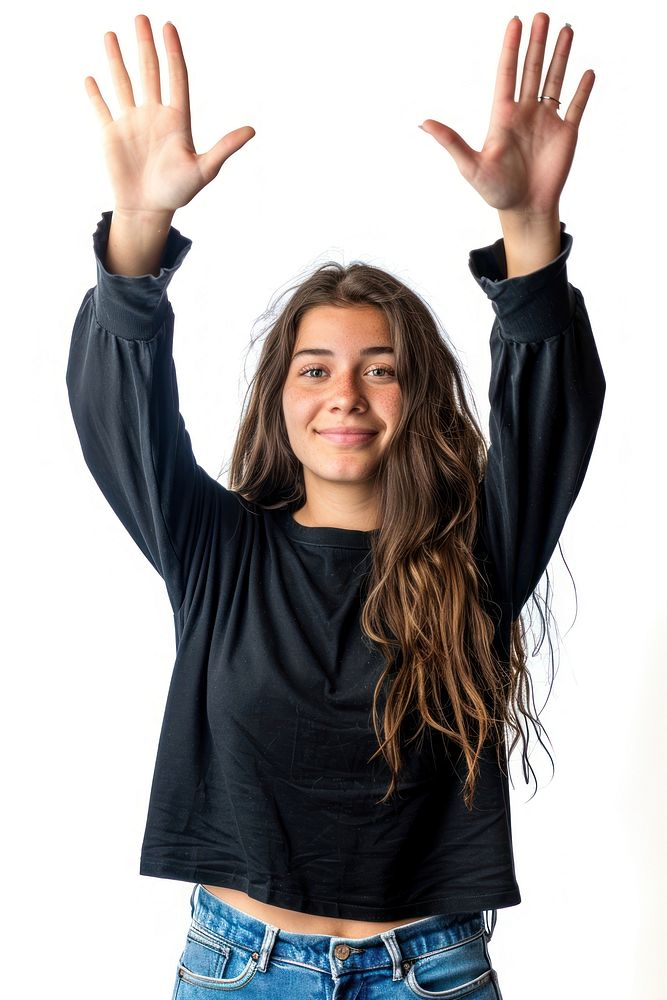 Maxican young adult woman raising hands portrait sleeve smile.