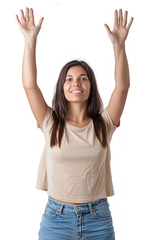 Maxican young adult woman raising hands relaxation exercising excitement.