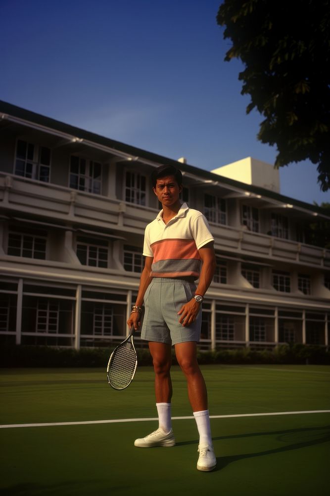 Thai male playing tennis standing sports racket.