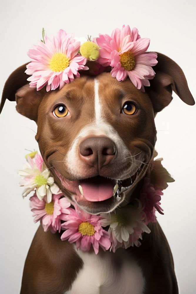 American Pitbull Terrier Dog Daisy flower portrait animal.