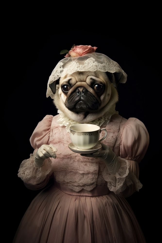 Tea glass Pug Dog portrait animal.