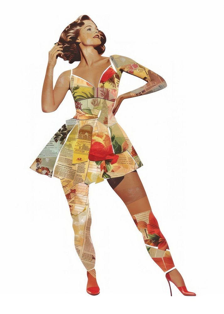 Woman shape collage cutouts fashion dancing dress.