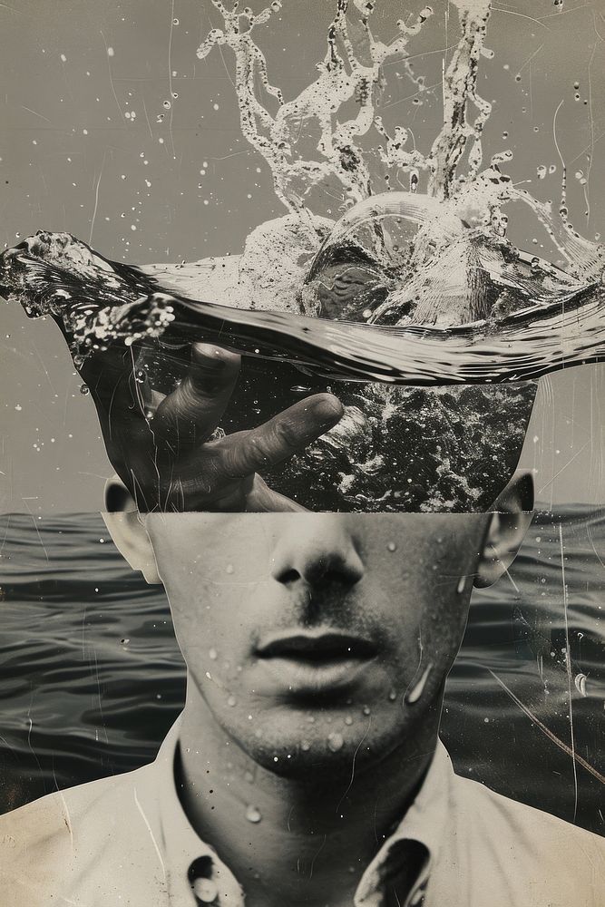 A man with a liquid Water on his head portrait swimming outdoors.
