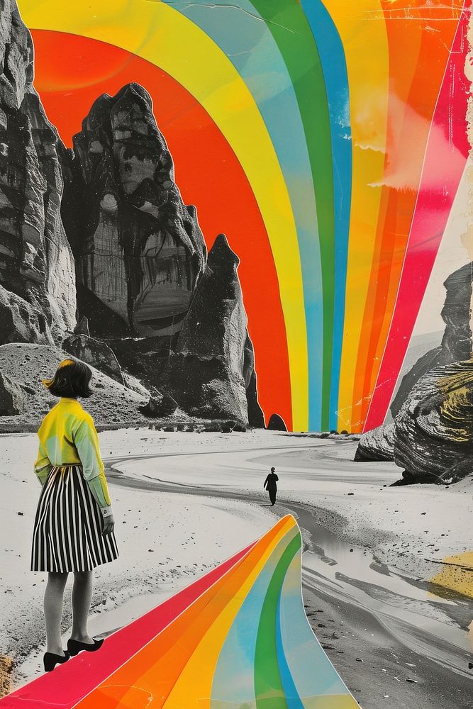 Minimal retro collage of a black and white photo environment art outdoors rainbow.