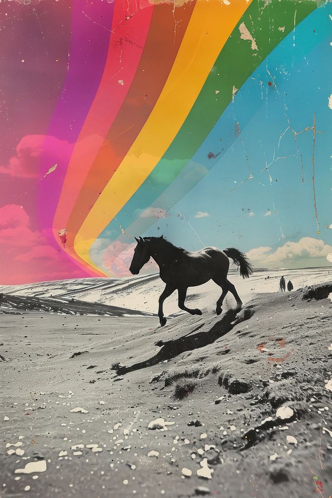 Minimal retro collage of a black and white photo horse outdoors rainbow mammal.