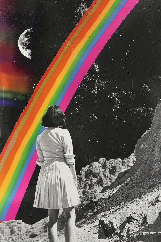 Minimal retro collage of a black and white photo environment rainbow outdoors nature.
