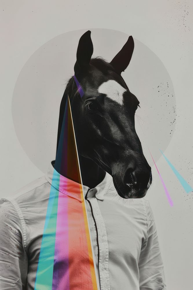 Minimal retro collage of a black and white photo horse mammal animal adult.
