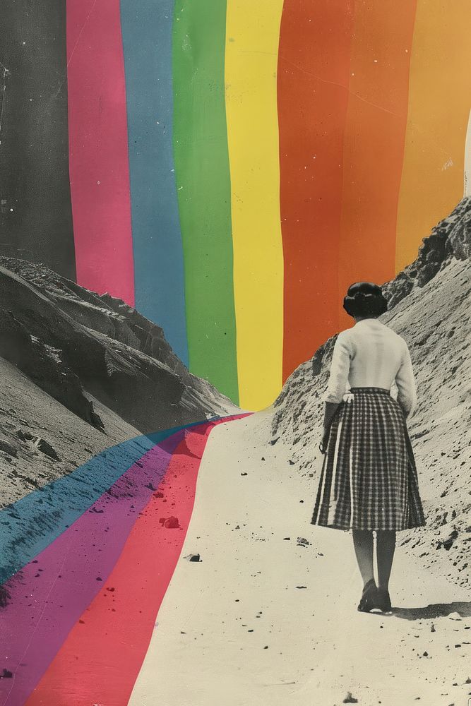 Minimal retro collage of a black and white photo environment art outdoors rainbow.
