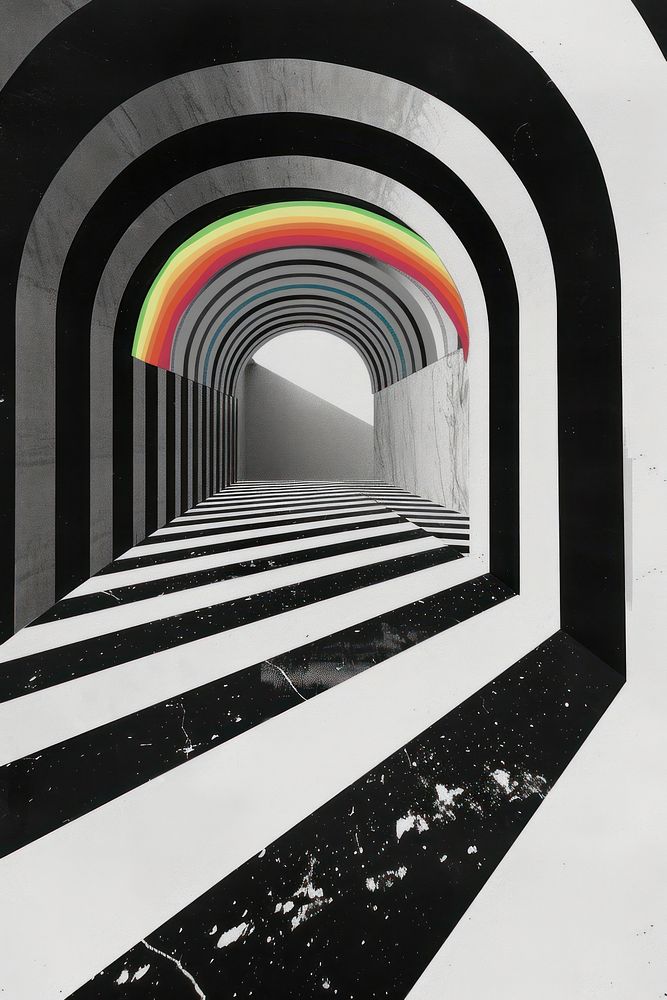 Minimal retro collage of a black and white photo environment architecture tunnel art.