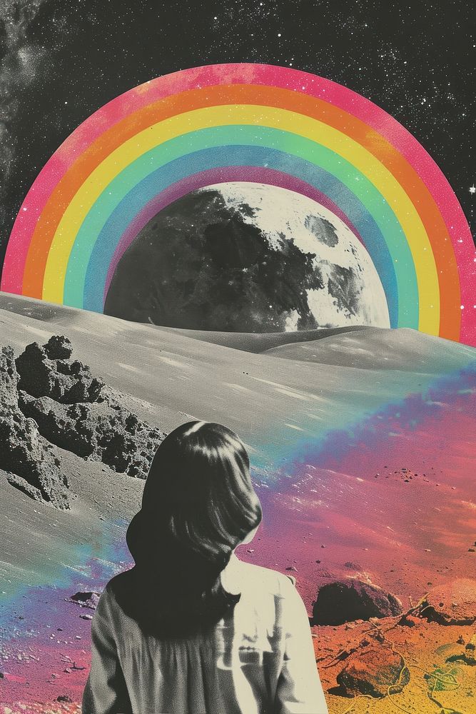 Minimal retro collage of a black and white photo environment rainbow art outdoors.