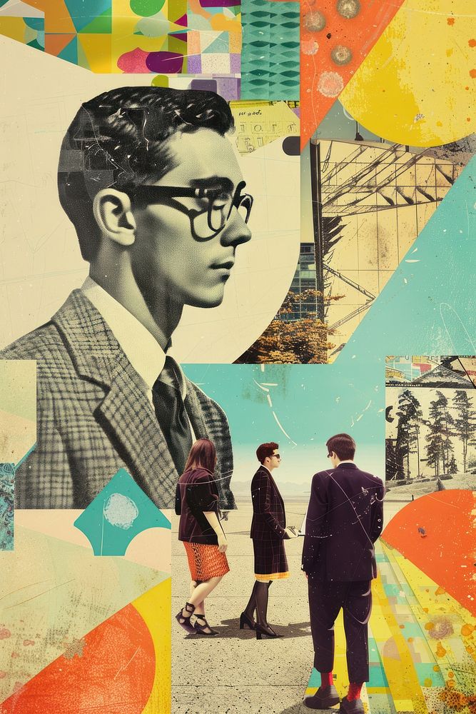 Minimal retro collage of a photo man wbusiness people art painting glasses.